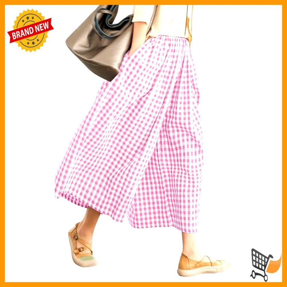 Wide Leg Capri Pants Cotton Gingham Plaid Culottes Elastic Waist Palazzo - Picture 1 of 7